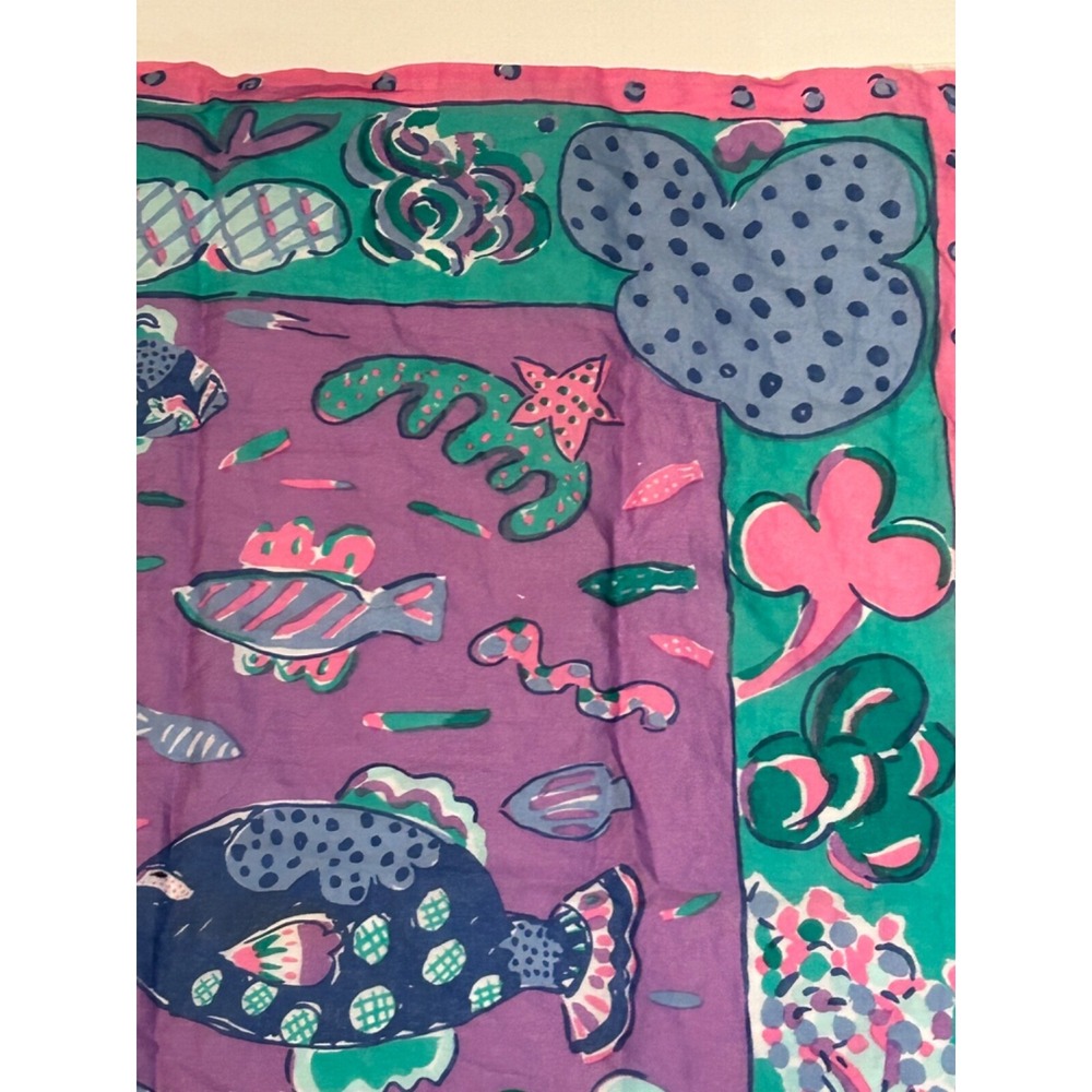 Vintage KEN DONE Fish Scarf Great Barrier Reef Ocean Scene Cotton‎ Made in JAPAN - Picture 3 of 9